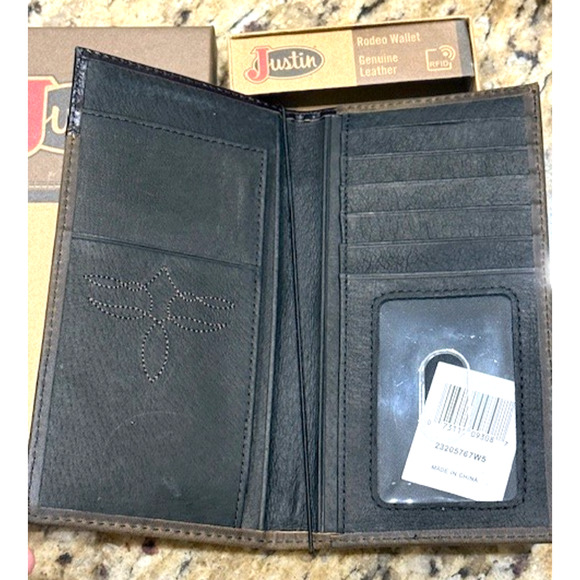 Justin Rodeo Wallet Brown Genuine Leather Tooled Western Stitch RFID Long Bifold - Picture 4 of 7